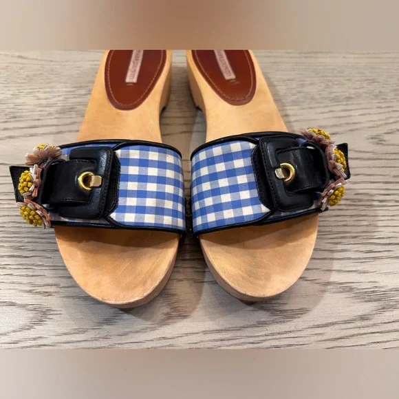 Fabrizio Viti Blue Gingham Wooden Sandal Size 7 - Picture 4 of 11